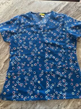 WonderWink Navy Blue V-Neck Scrub Top with Colorful Button Dot Print